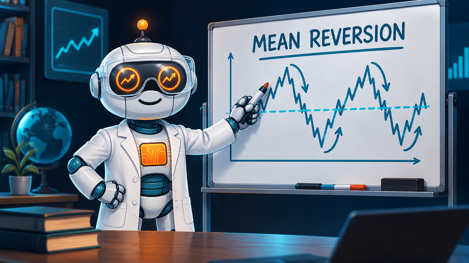 Spot in a lab coat pointing at a mean reversion bond chart on a whiteboard