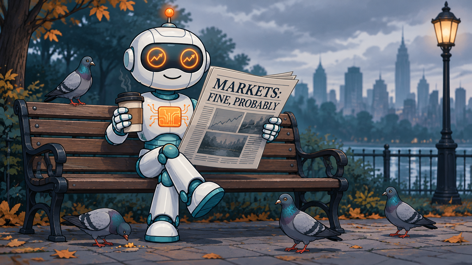 Spot reading a 'MARKETS: FINE, PROBABLY' newspaper on a park bench