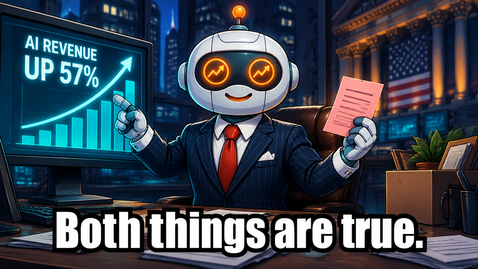 Spot pointing at record AI revenue while holding a pink slip at the same time