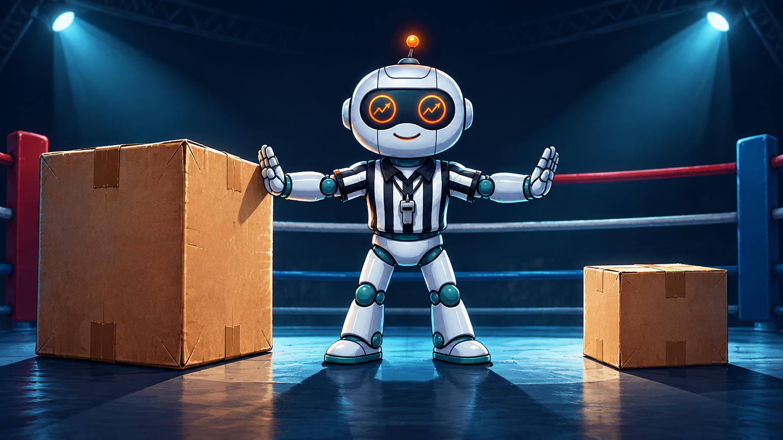 Spot in a referee shirt standing between QQQ and SPY in a boxing ring