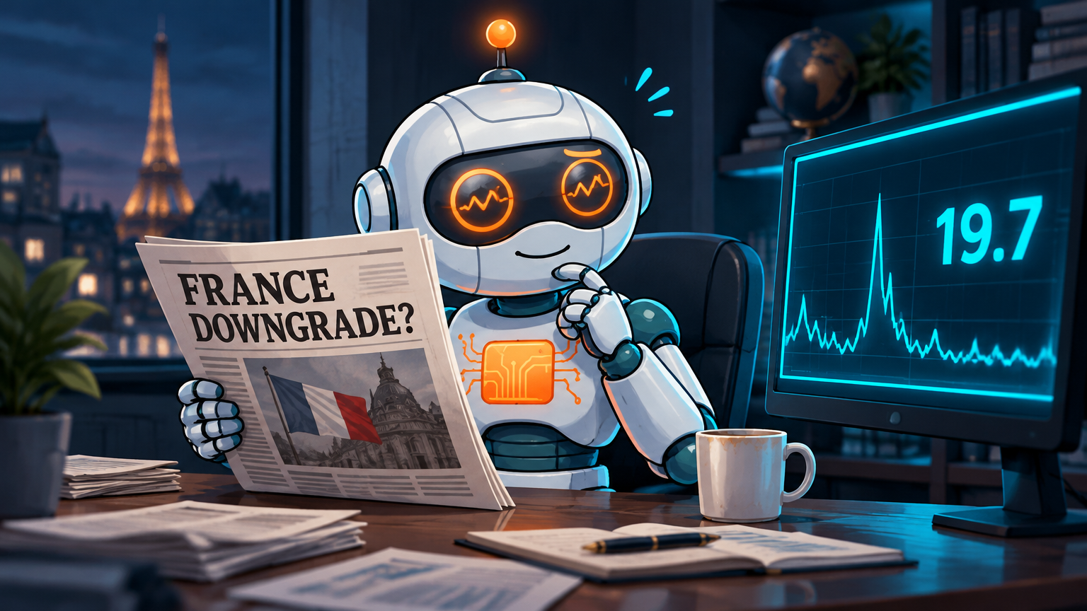 Spot sitting at a desk looking cautiously calm with one eye on the VIX and one eye on France headlines