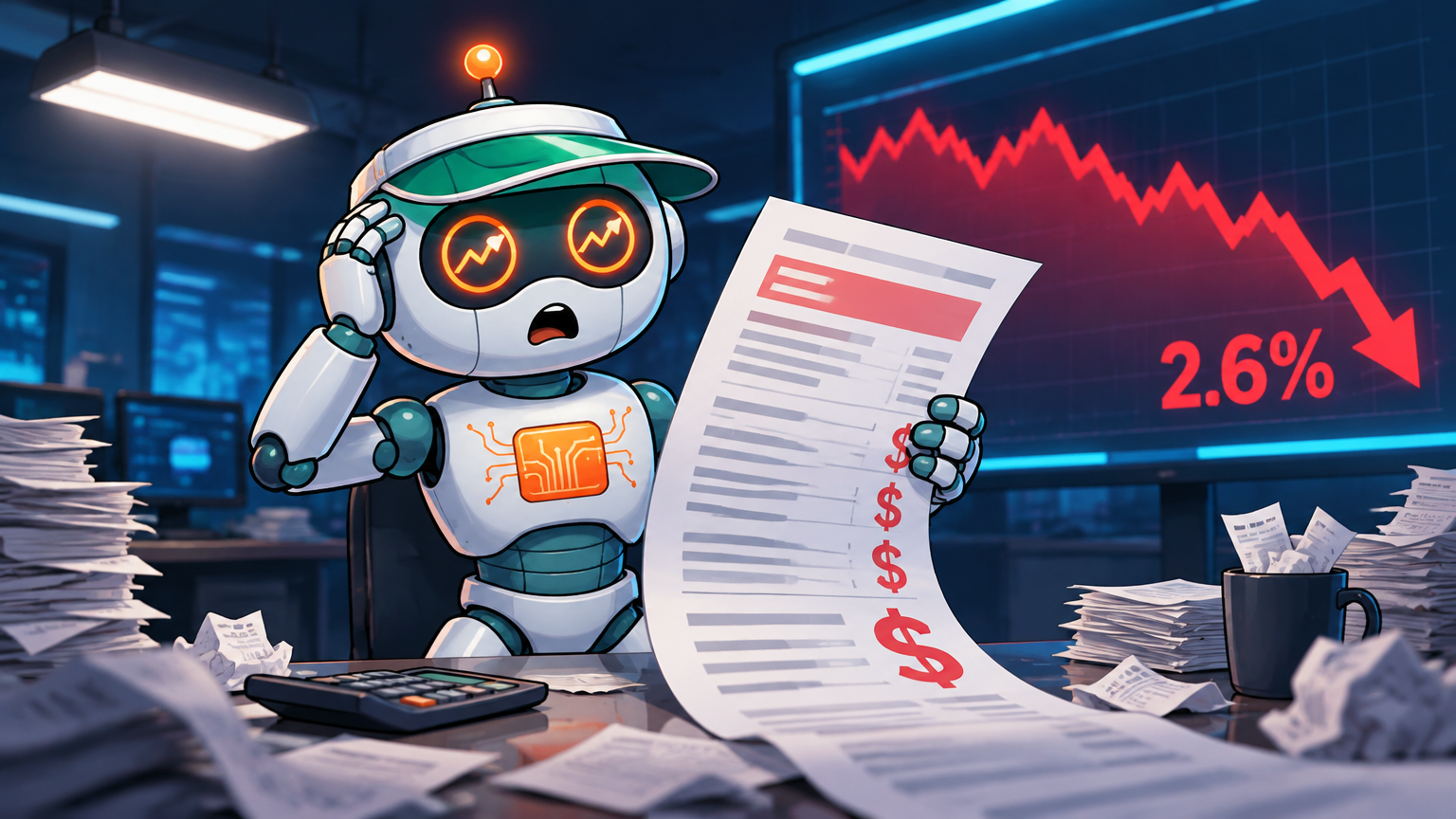 Spot the robot accountant staring at Meta's enormous AI invoice while the Nasdaq crashes behind him