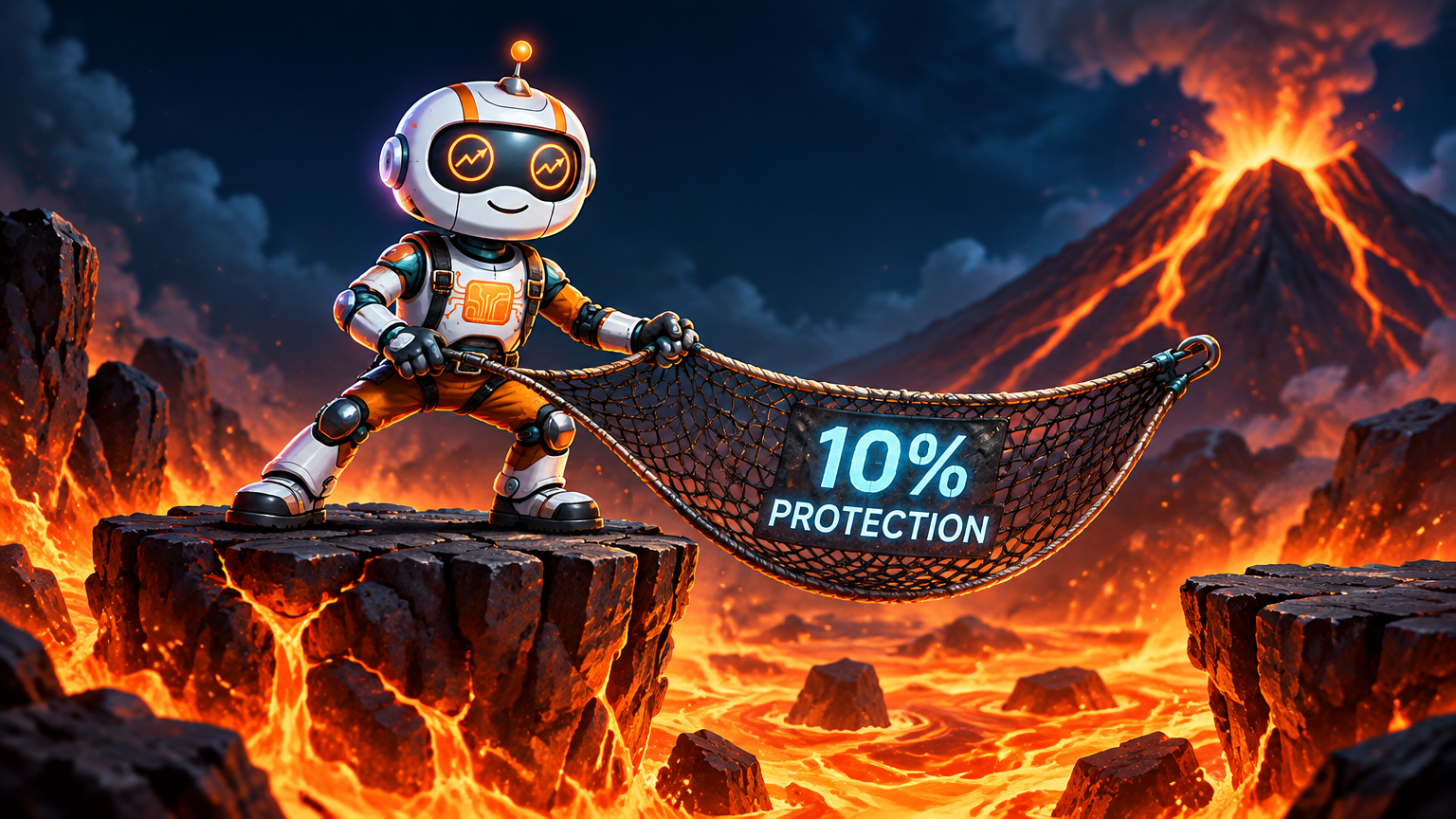 Spot the robot daredevil holding a safety net over a Bitcoin lava pit