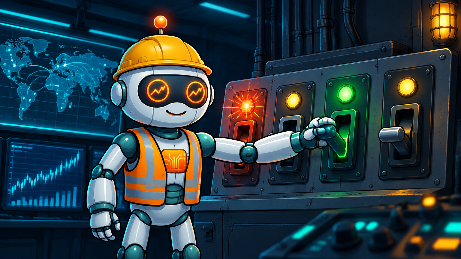 Spot in a hard hat flipping a sector rotation control panel with ETF switches