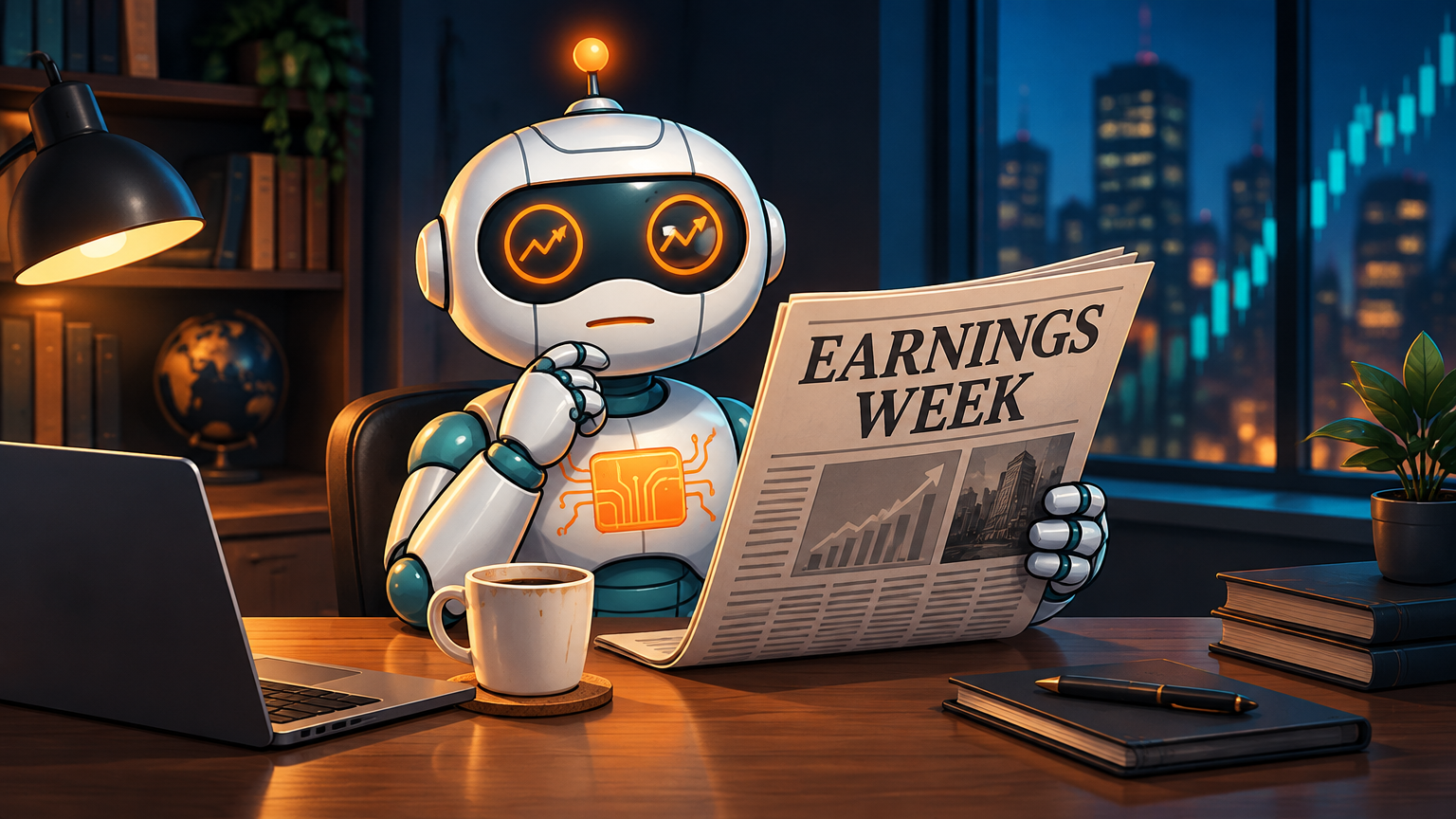 Spot at a desk with coffee, reading an earnings week newspaper with a cautiously neutral expression