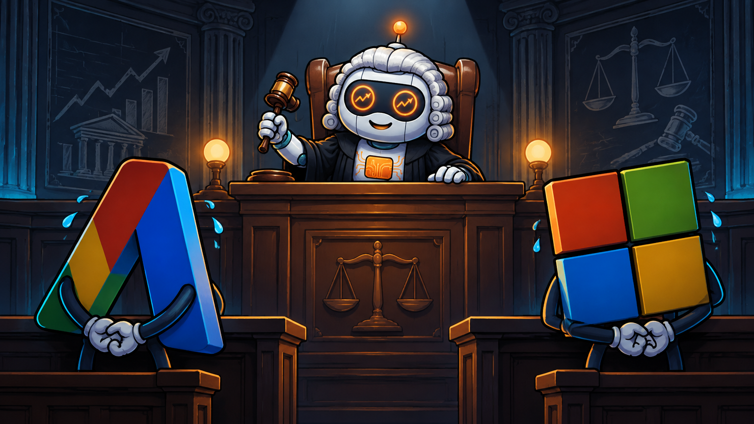 Spot in a judge's robe presiding over Alphabet and Microsoft earnings court