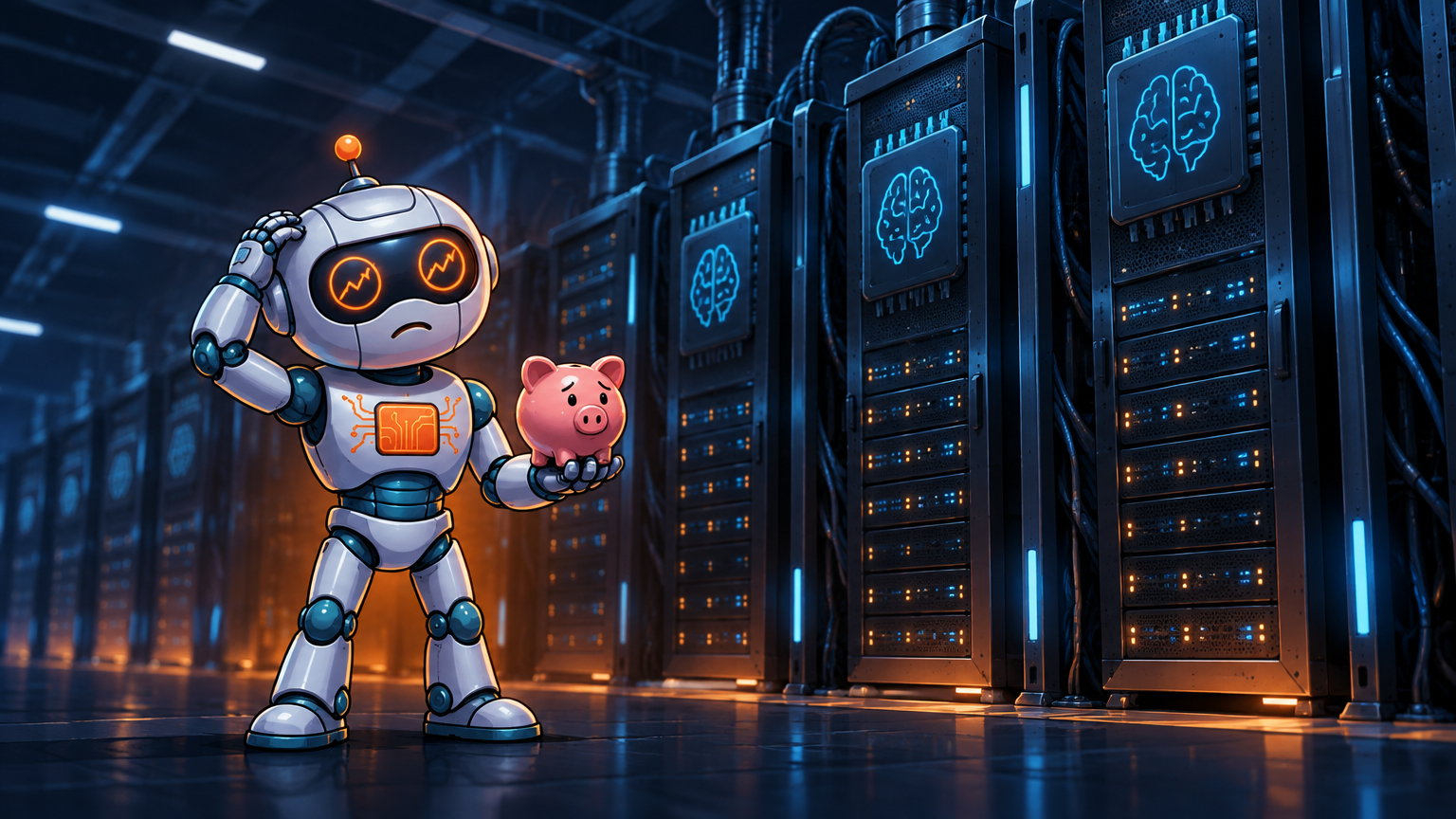 Spot holding a tiny piggy bank in front of a massive AI server farm, looking confused