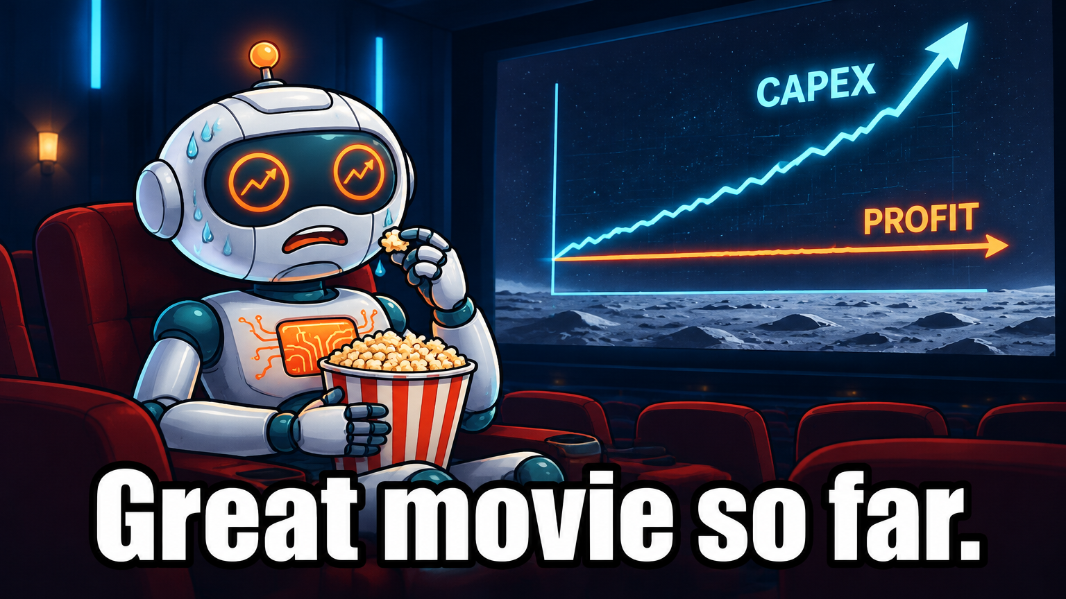 Spot eating popcorn while watching AI capex vs profit chart on a cinema screen
