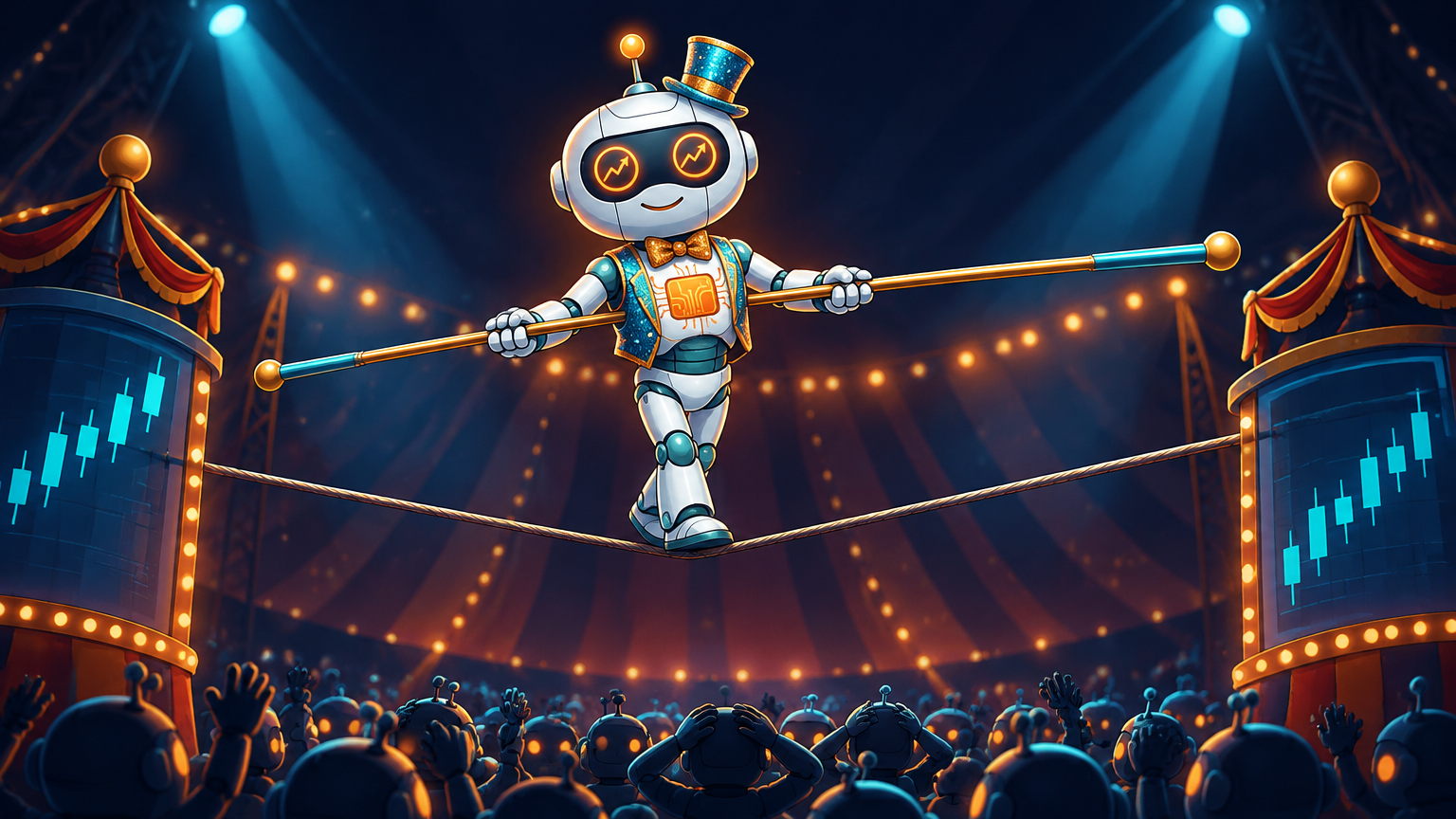 Spot as a tightrope walker balanced between GOOGL and MSFT ticker symbols