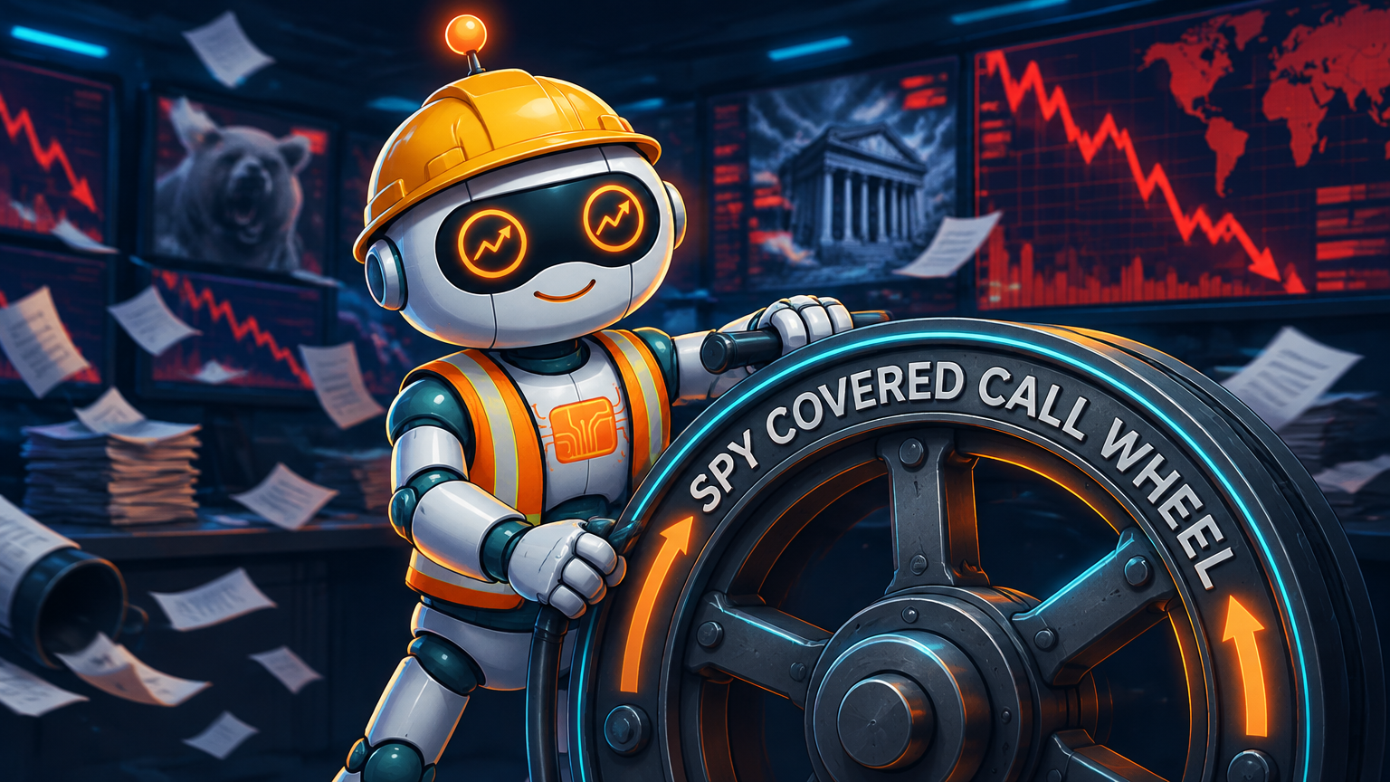 Spot in a hard hat calmly turning the SPY covered call wheel while markets panic behind him