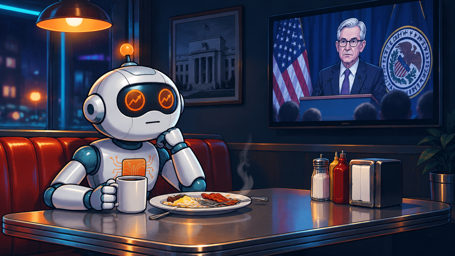 Spot at a diner booth staring blankly at a Fed press conference on TV