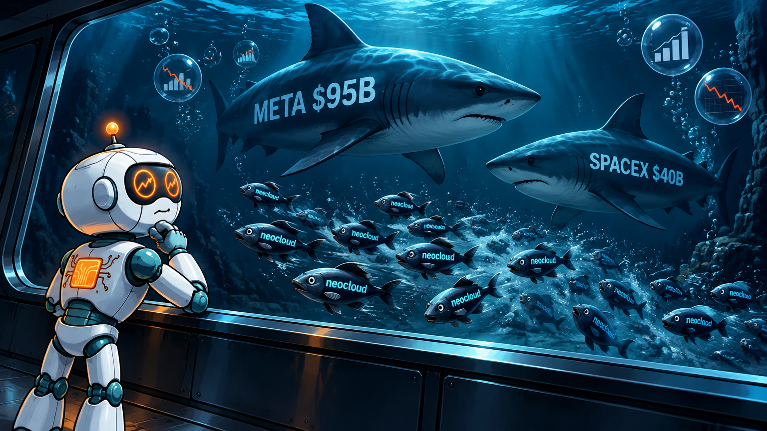Spot the deep-sea diver watches AI sharks circle while neocloud guppies scatter