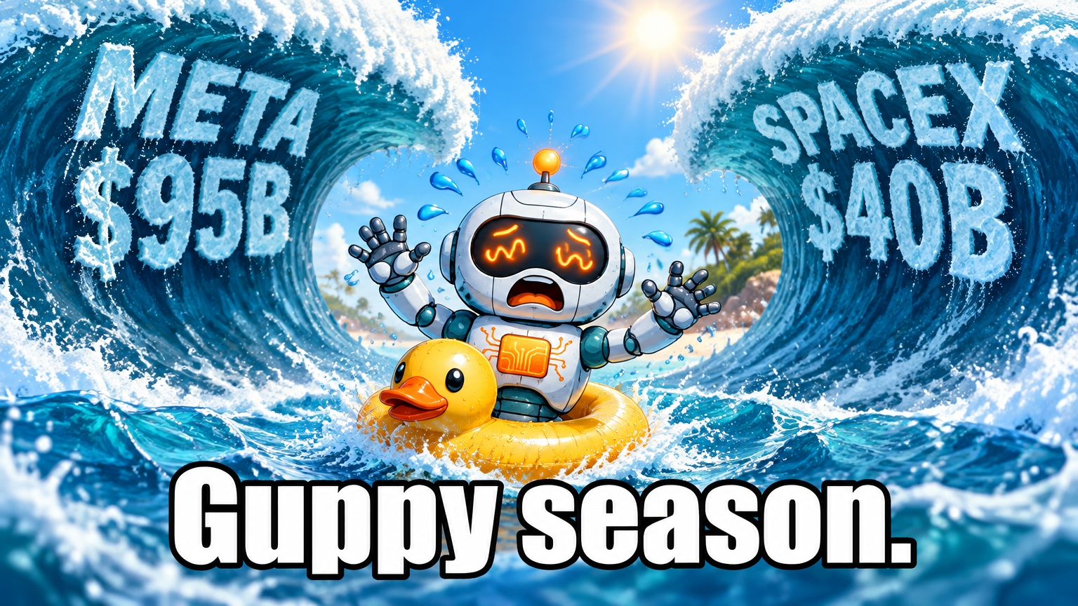 Spot on a tiny floatie about to get swamped by two giant AI debt waves