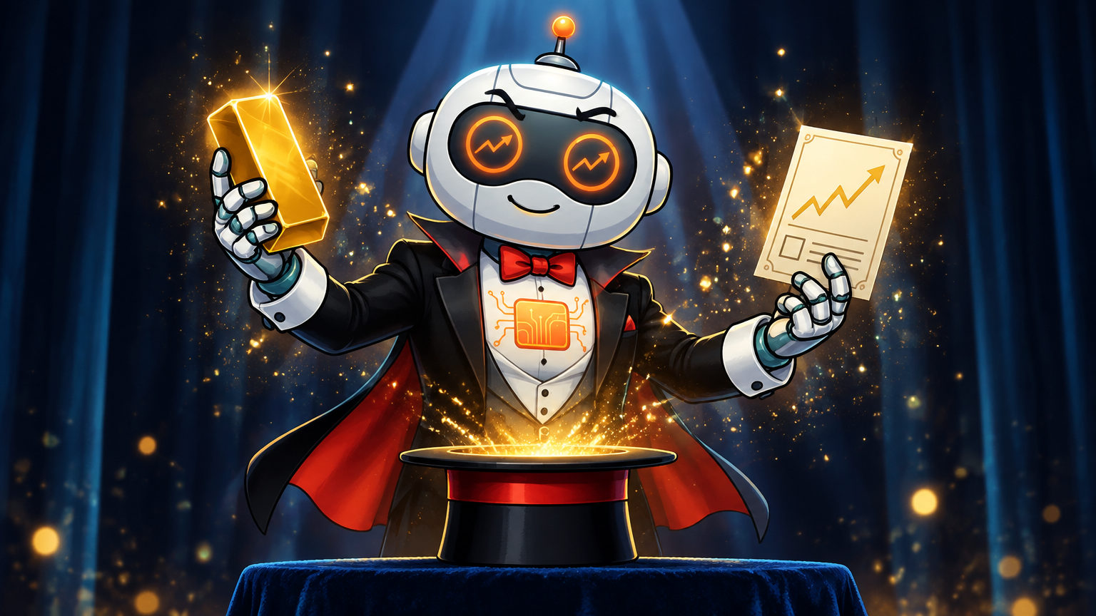 Spot dressed as a magician holding a gold bar and an options contract