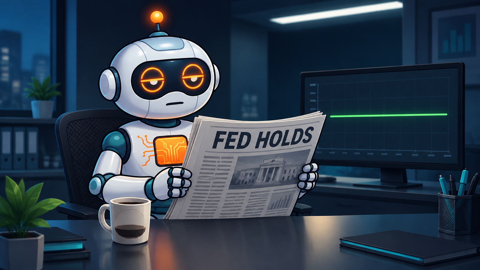 Spot at his desk reading a Fed Holds newspaper with a flat market on screen
