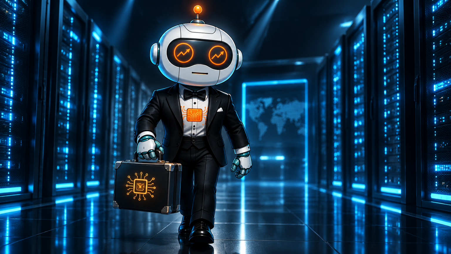 Spot as a secret agent holding a briefcase labeled AI Bond ETF in a server room