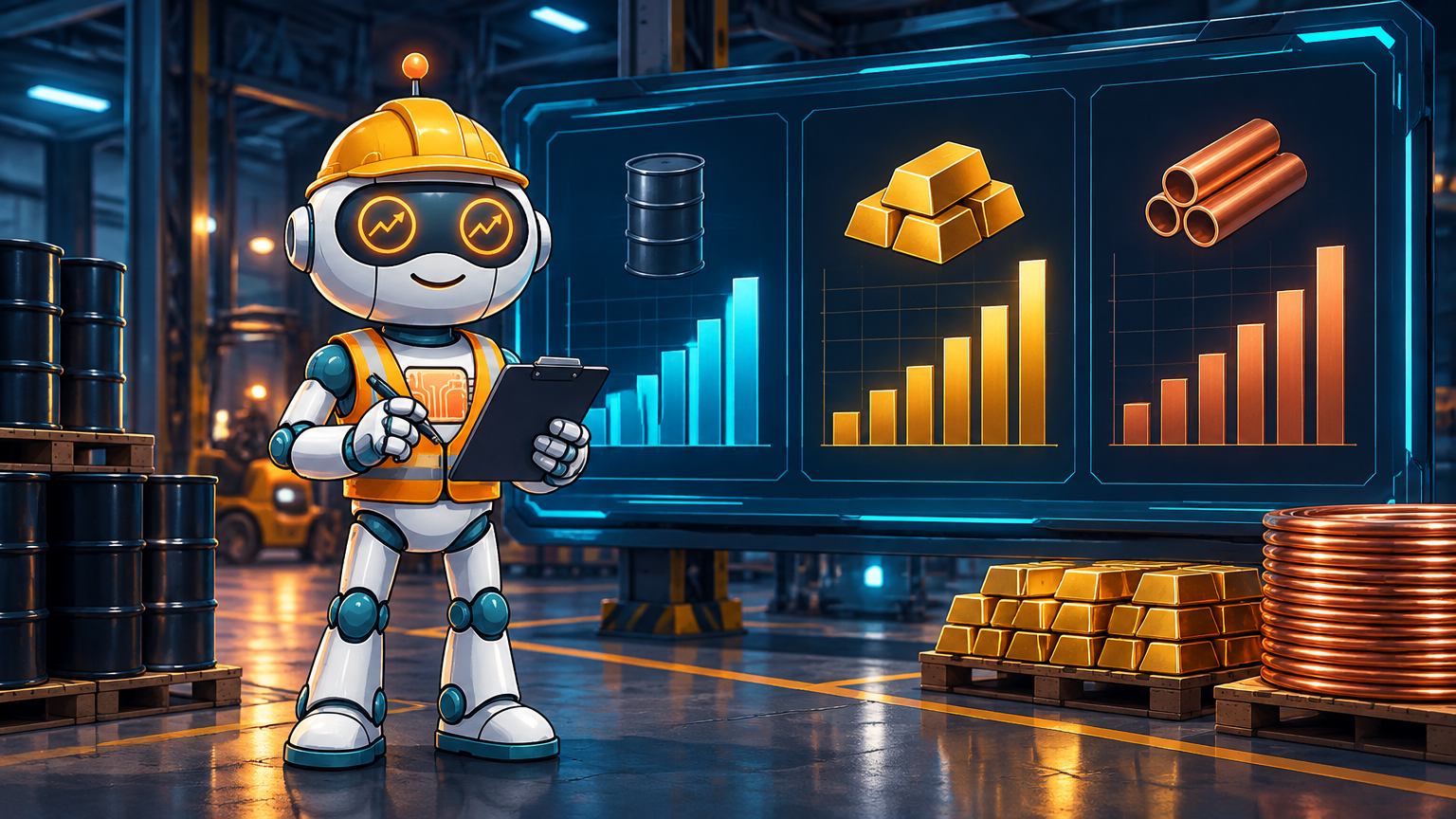 Spot in a hard hat reviewing a commodity dashboard with oil, gold, and copper charts