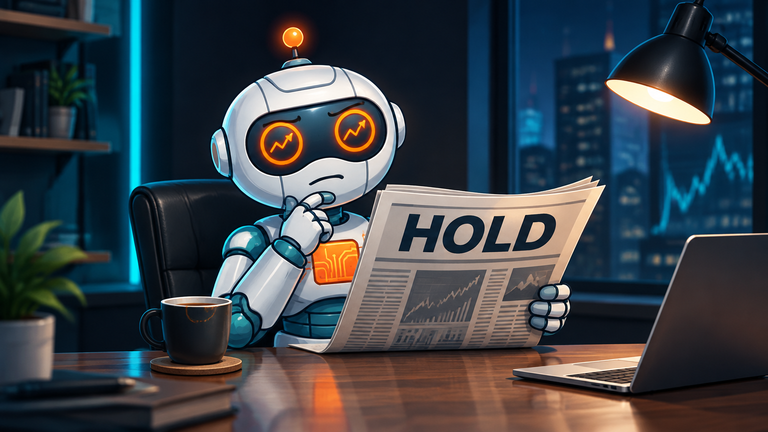Spot at a desk reading a Fed hold headline with a raised eyebrow and half-empty coffee