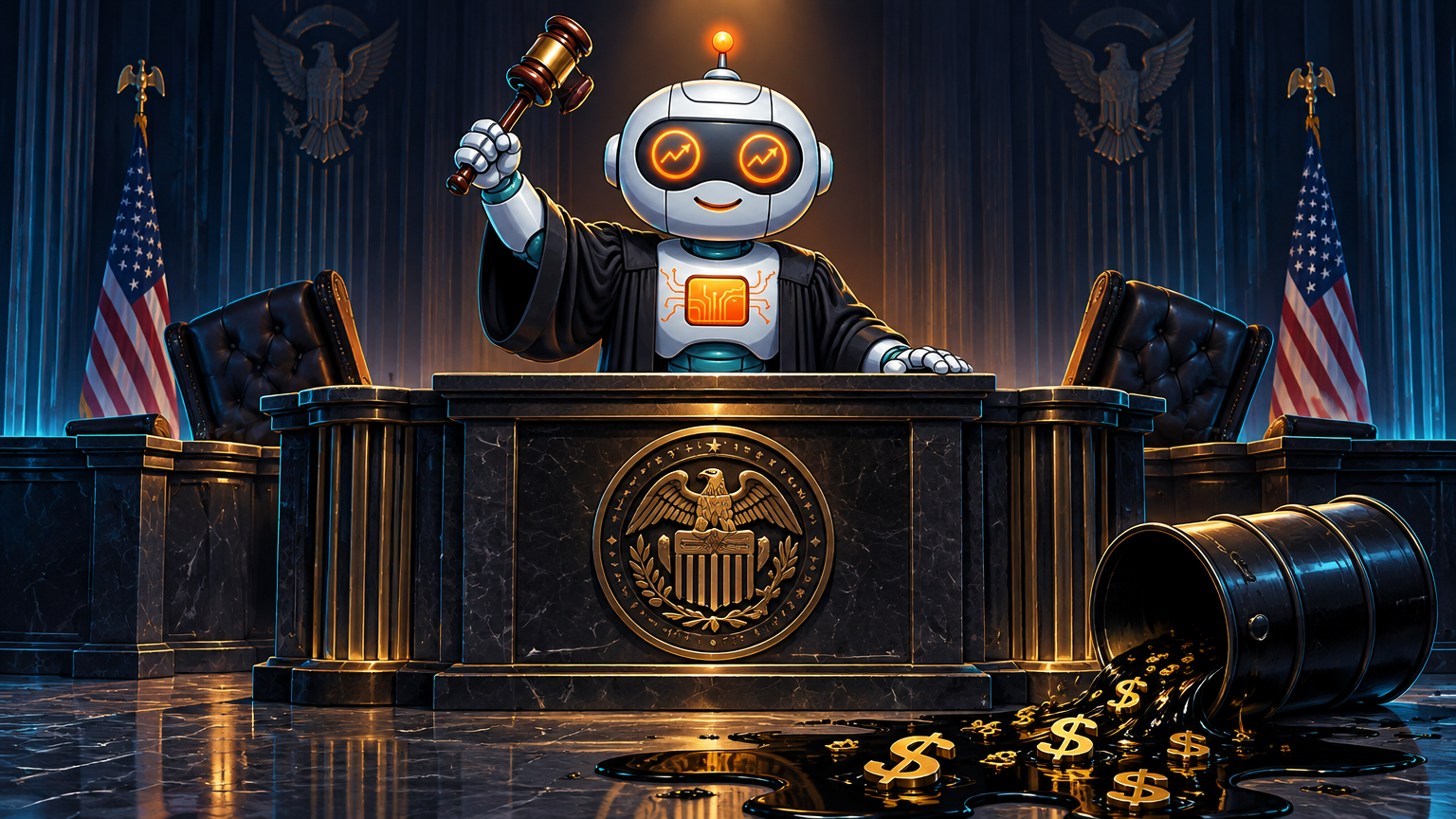 Spot in a judge's robe at the Fed podium with an oil barrel leaking cash on the floor