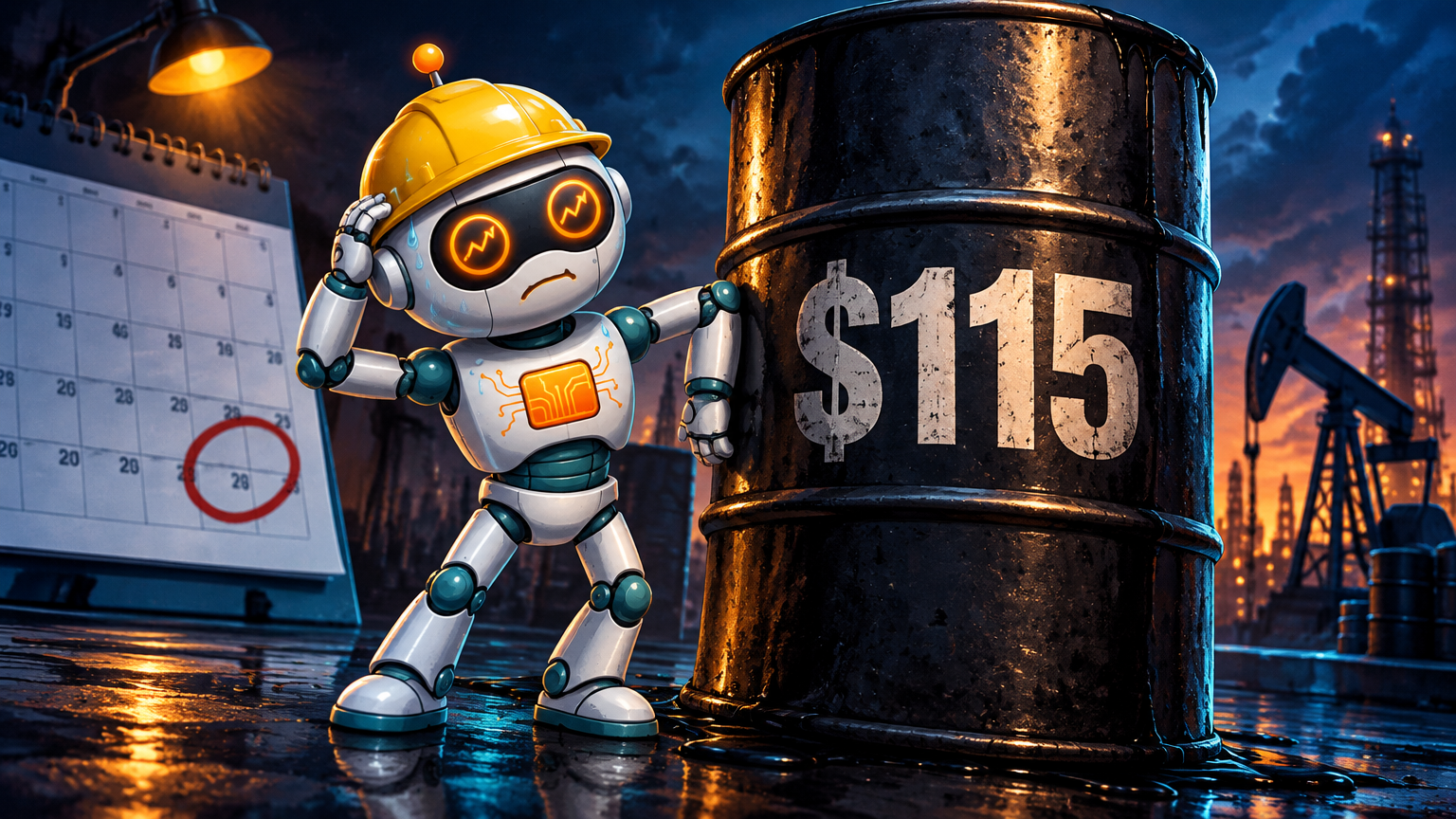Spot in a hard hat next to a $115 oil barrel with December circled on a calendar behind him