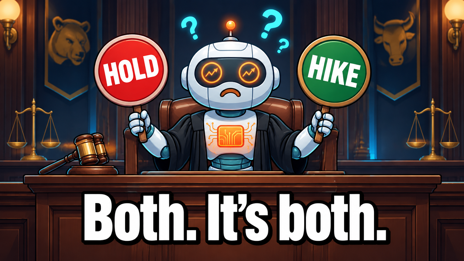 Spot as a judge holding contradictory HOLD and HIKE signs at the same time