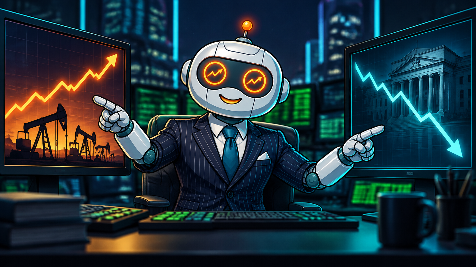 Spot in a pinstriped suit pointing at rising oil and falling Treasury bonds simultaneously