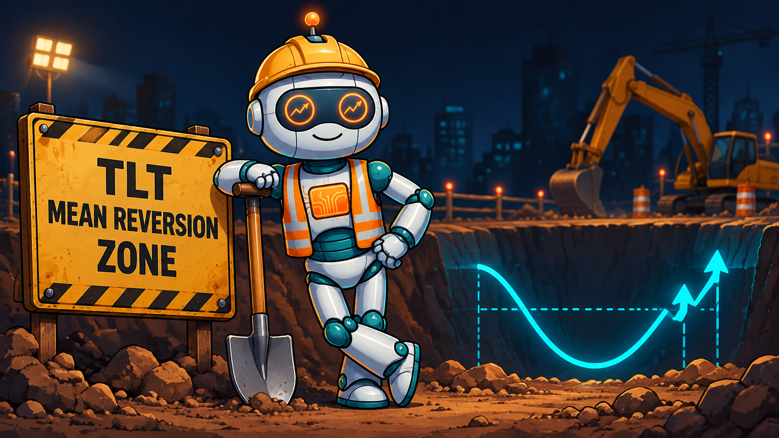 Spot in a hard hat next to a TLT mean reversion construction zone sign
