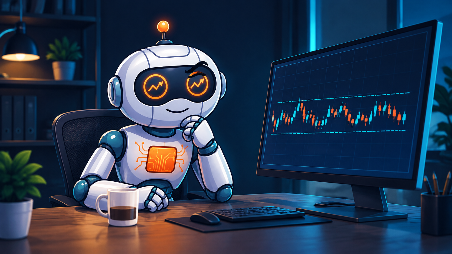 Spot sitting at a desk looking cautiously at a sideways market chart