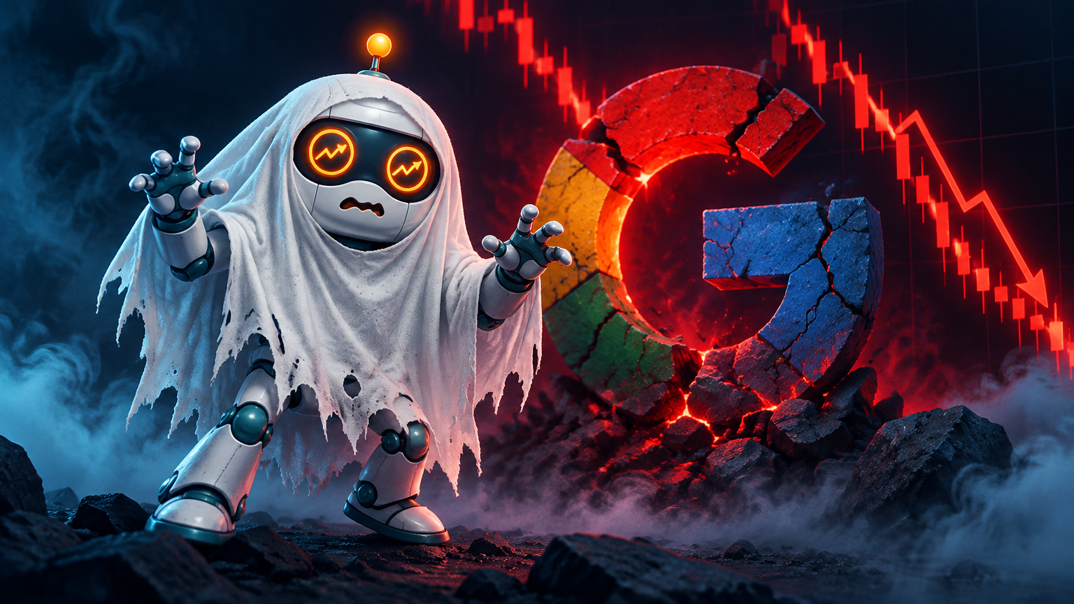 Spot dressed as a ghost in front of a crashing Alphabet stock chart