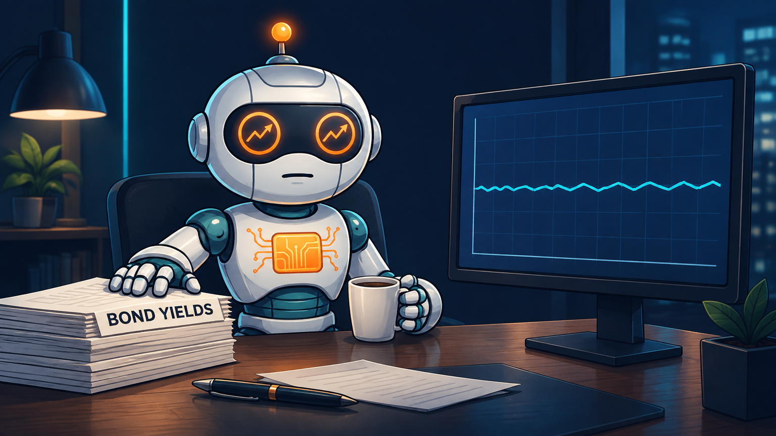 Spot sitting at a desk with a flat-line chart, half-empty coffee, looking neither happy nor scared