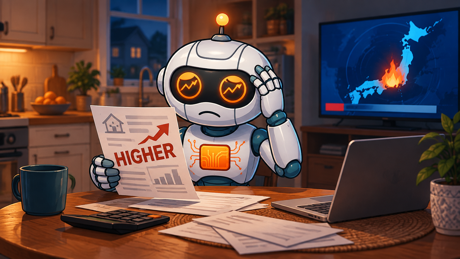 Spot at his kitchen table staring at a rising mortgage bill while Japan burns on the TV behind him