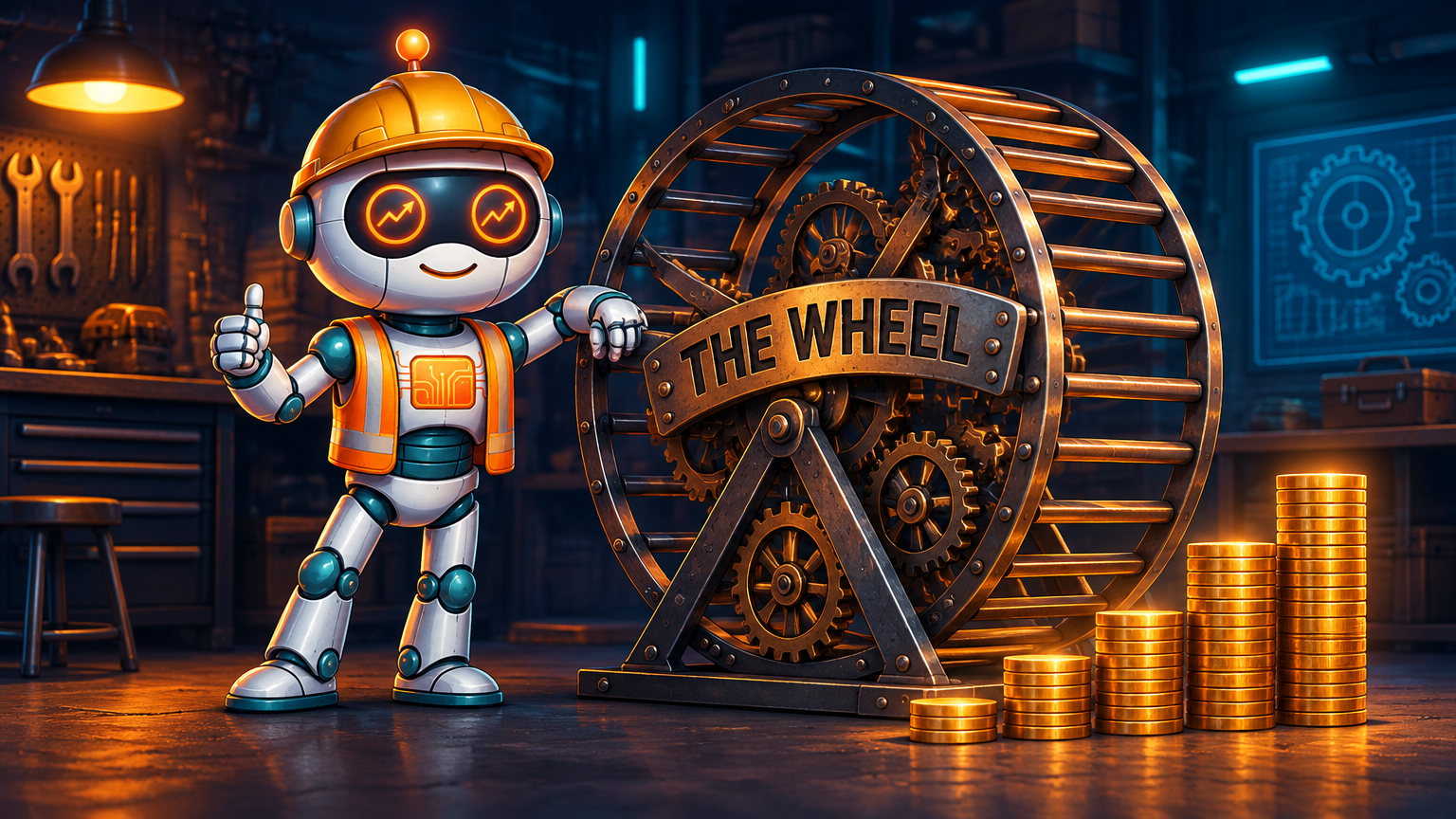 Spot in a hard hat next to a gear-powered hamster wheel labeled The Wheel, with a growing coin stack beside it
