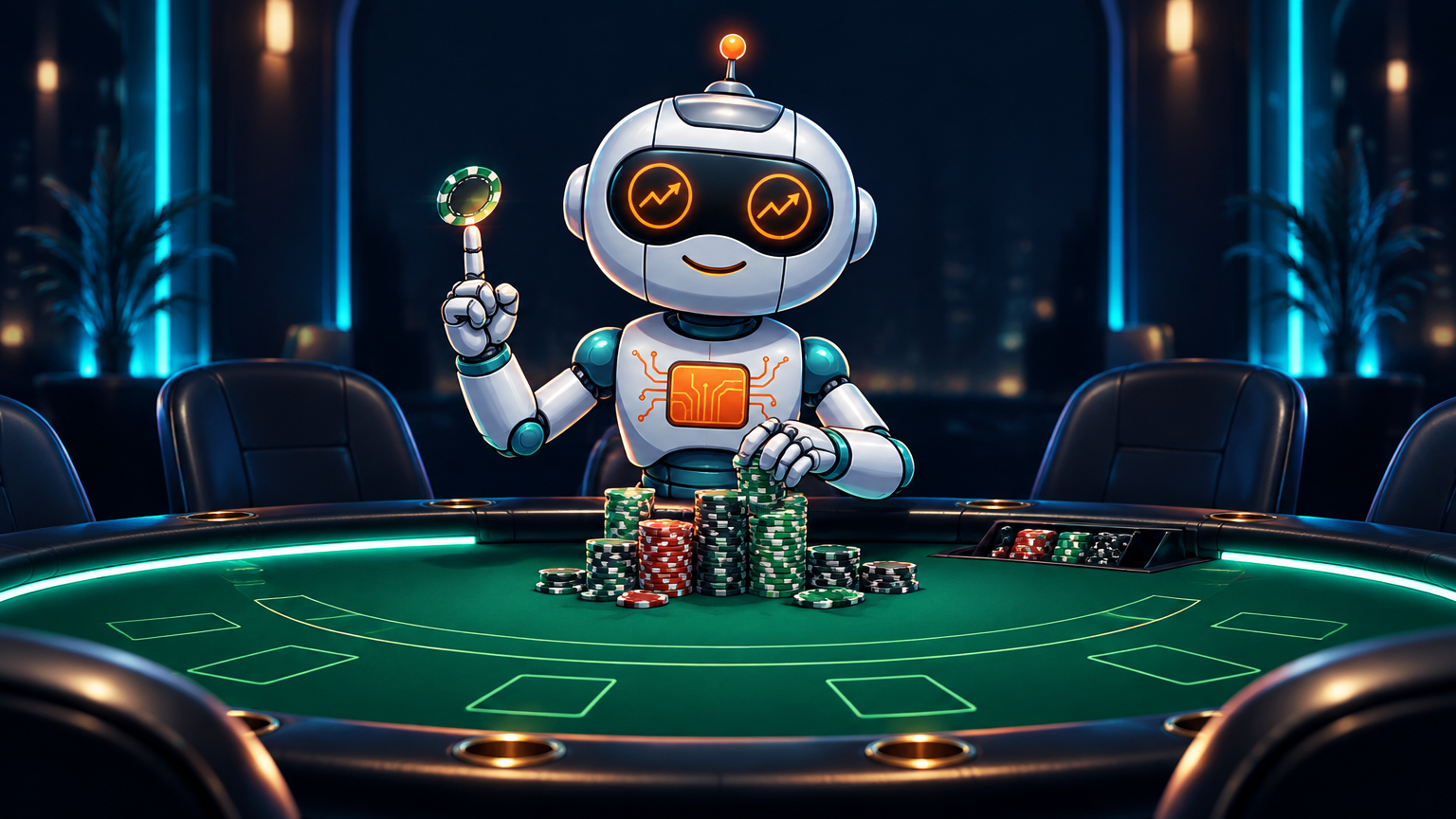 Spot at a blackjack table stacking chips with quiet satisfaction, casino neon glow