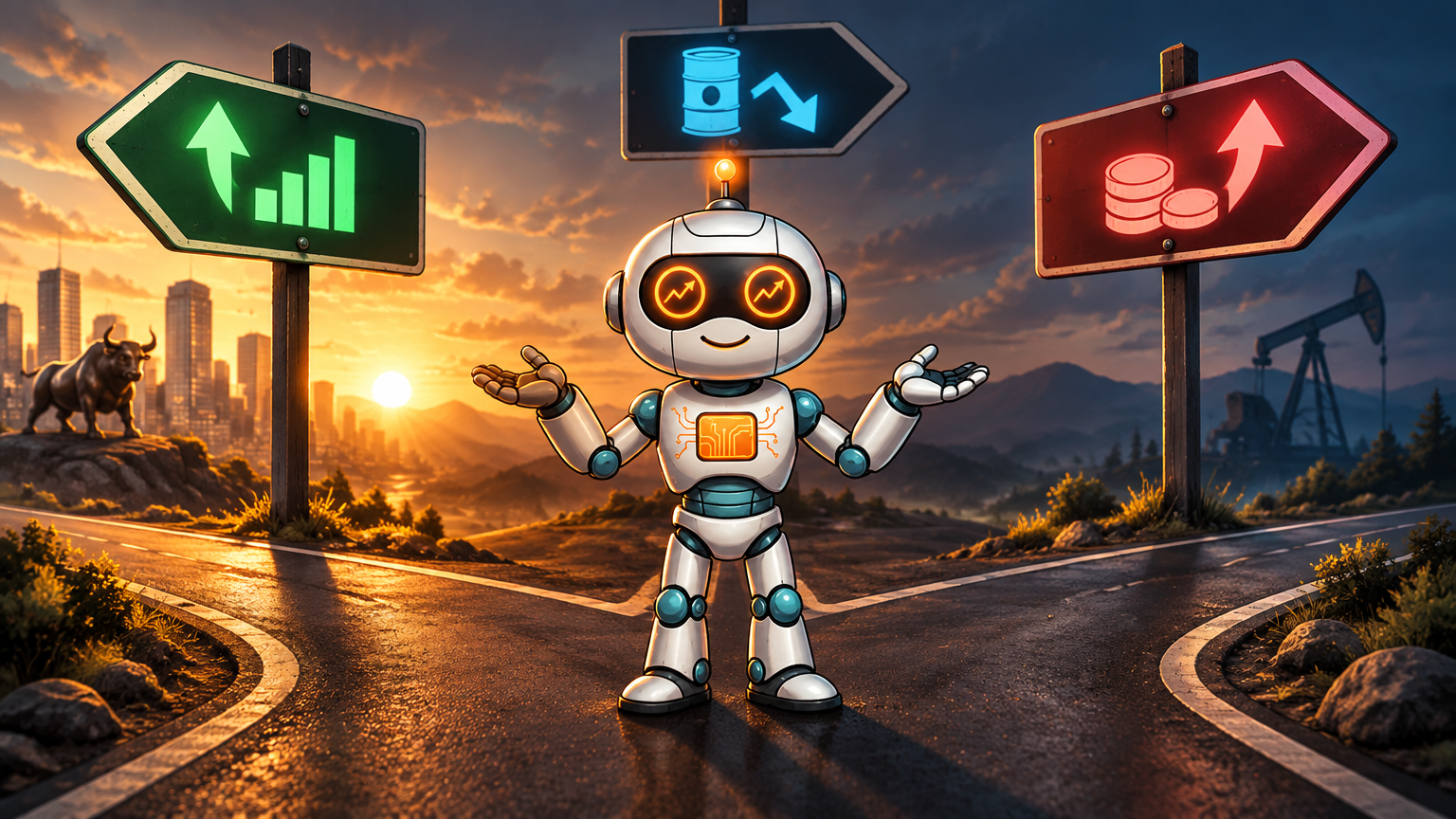 Spot at a three-way fork in the road, shrugging at signs pointing to stocks up, yields up, and oil down