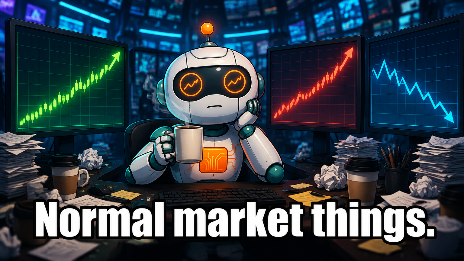 Spot staring at three contradicting market charts at once with blank robot eyes