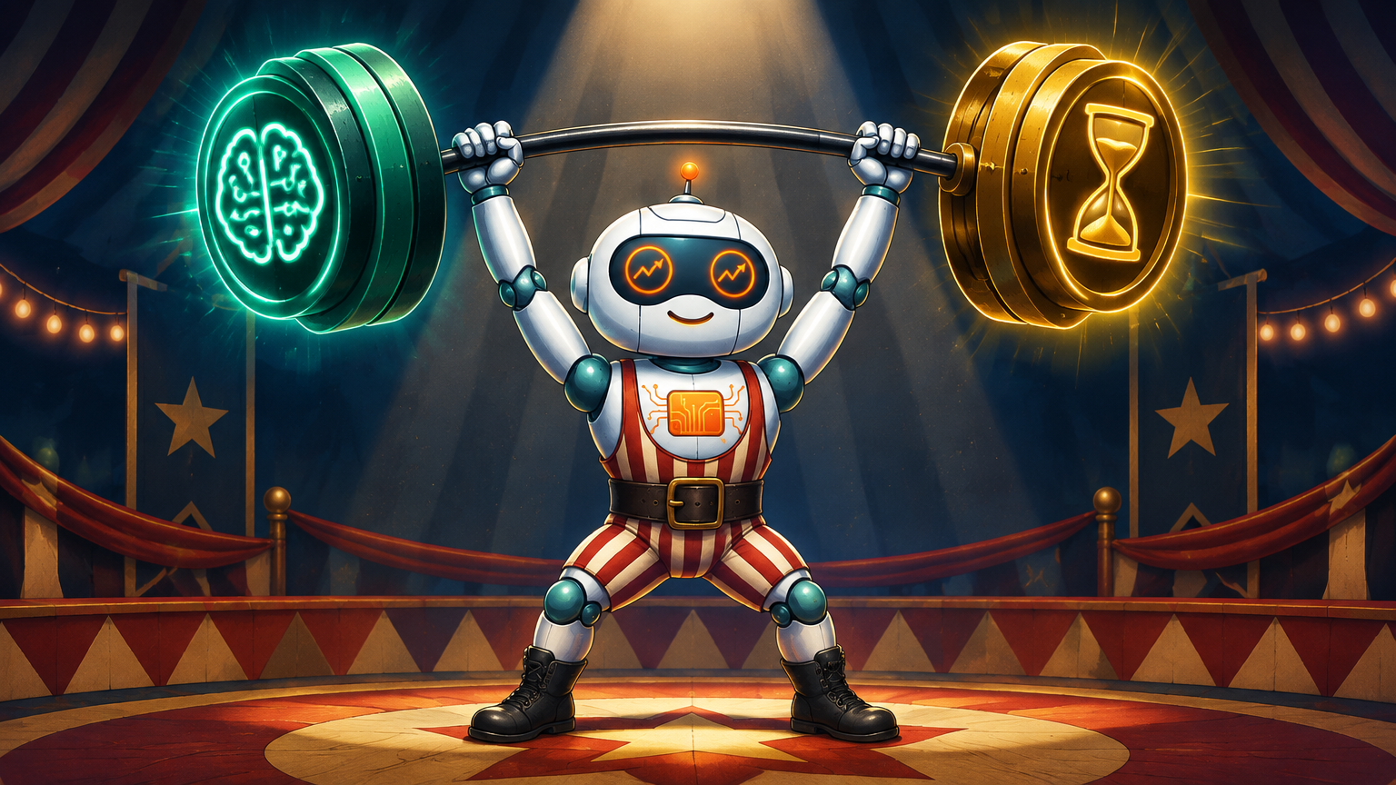 Spot in a strongman costume holding a barbell with AI stocks on one side and short-duration bonds on the other