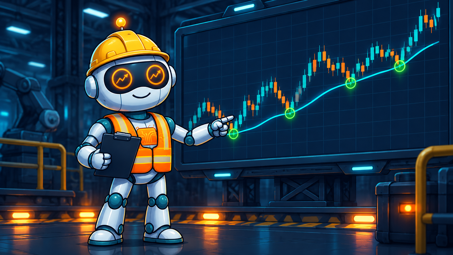 Spot in a hard hat studying a moving average chart with green re-entry signals