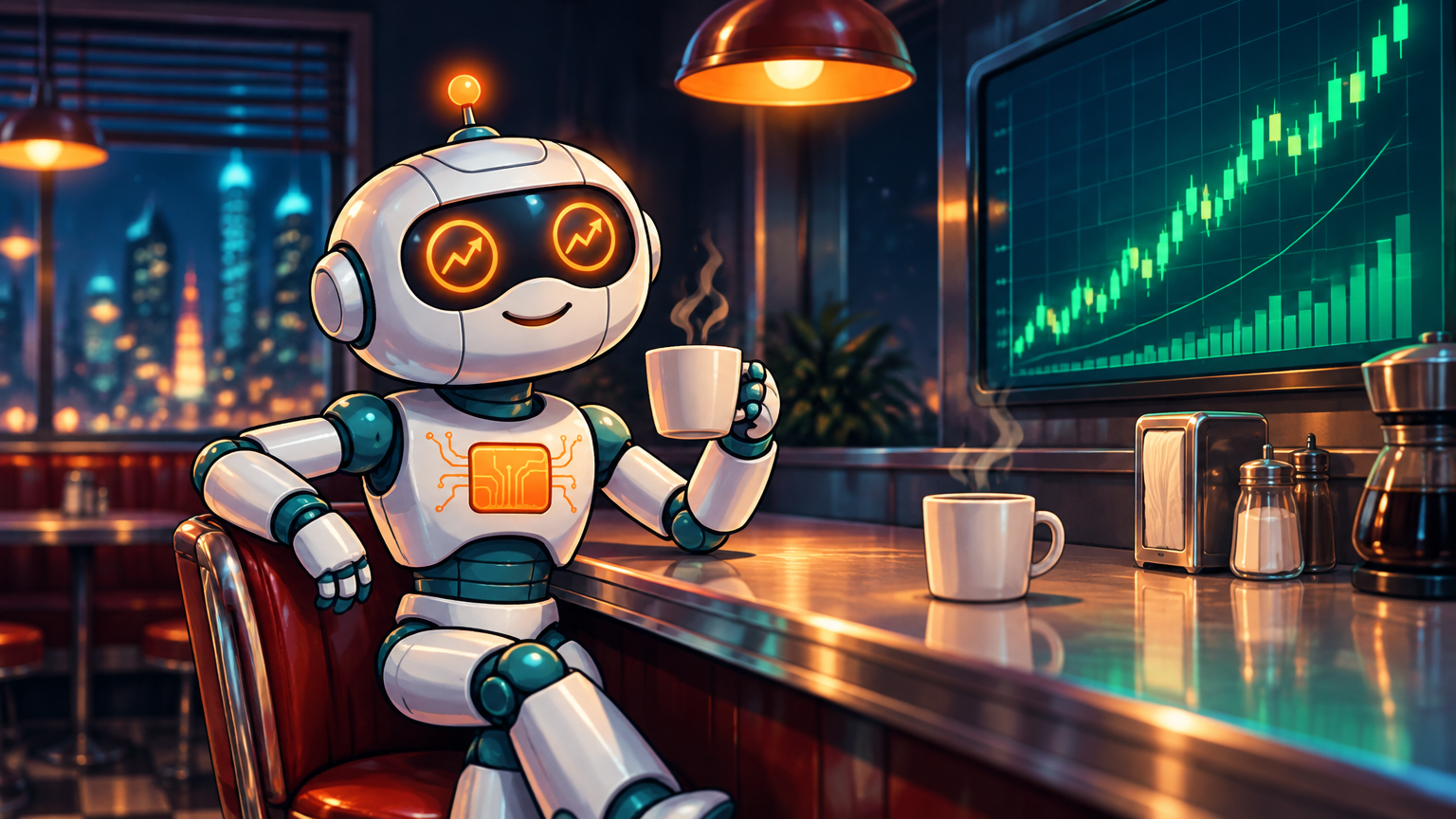 Spot at a diner counter enjoying a second coffee while green tickers scroll