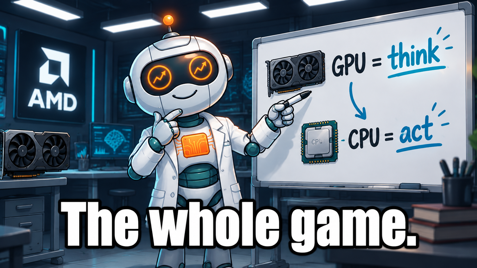 Spot explaining the GPU vs CPU agentic AI split on a whiteboard