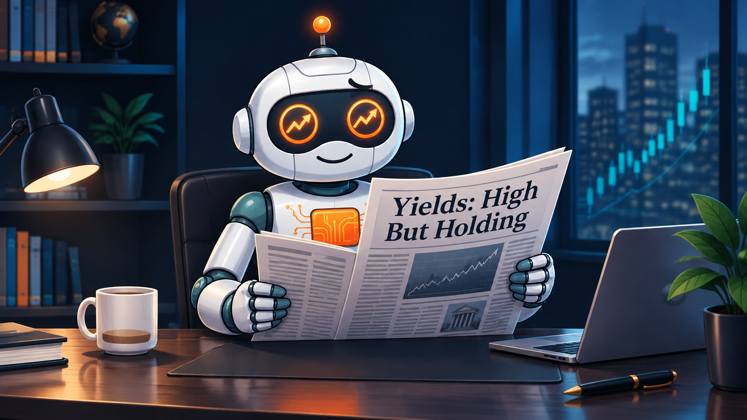 Spot calmly reading a newspaper about high yields, half-empty coffee beside him