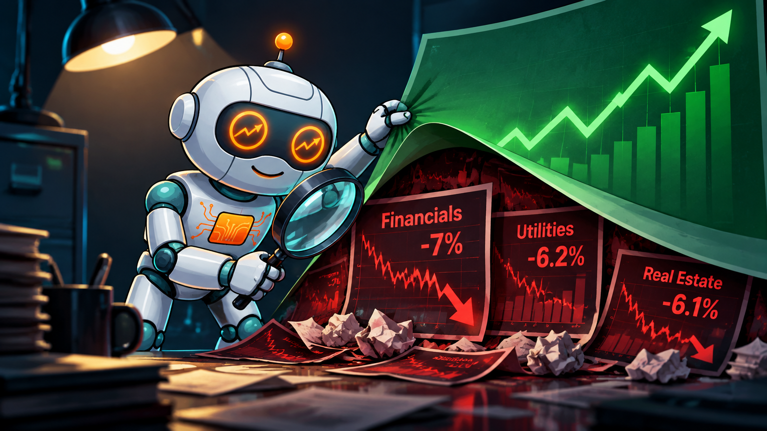 Spot as a detective lifting a green SPY chart to reveal hidden red sector damage underneath