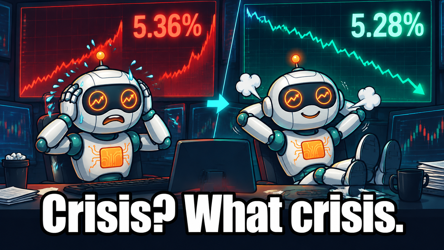 Spot sweating at a desk under a spiking yield chart, then exhaling as it retreats