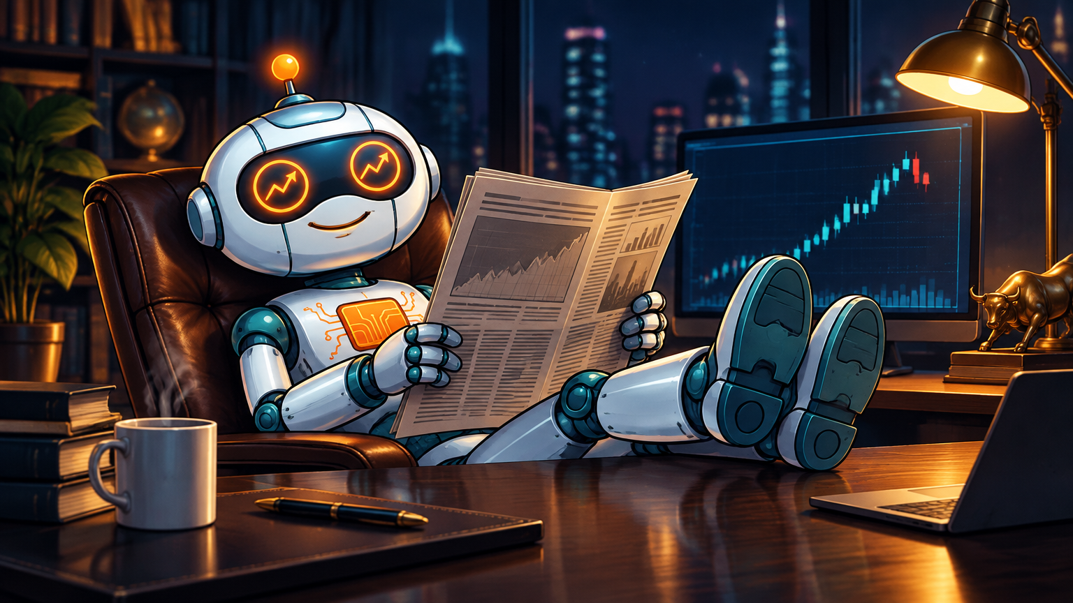 Spot lounging at a trading desk with a smug newspaper read and a small red candle in the background