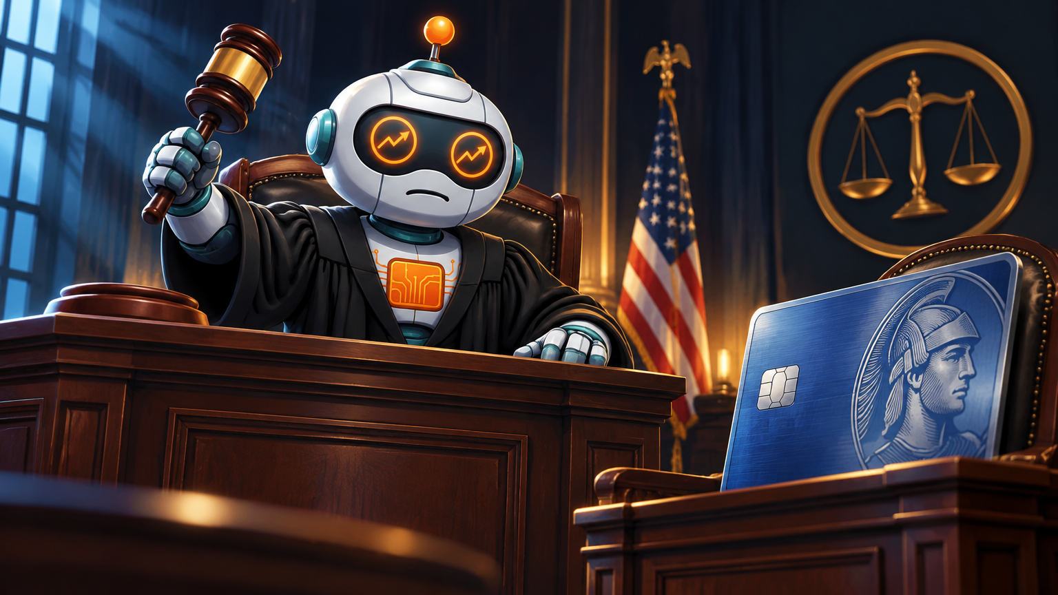 Spot in a judge's robe hammering a gavel at an Amex card in the defendant's chair