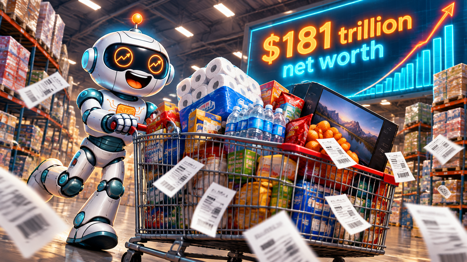 Spot pushing an overflowing Costco cart under a net worth scoreboard