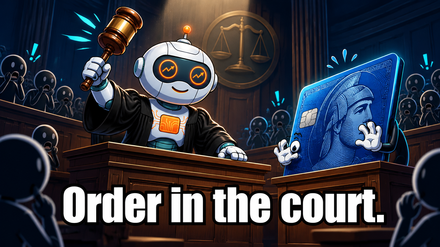 Spot as a judge mid-gavel-swing at an Amex card on trial