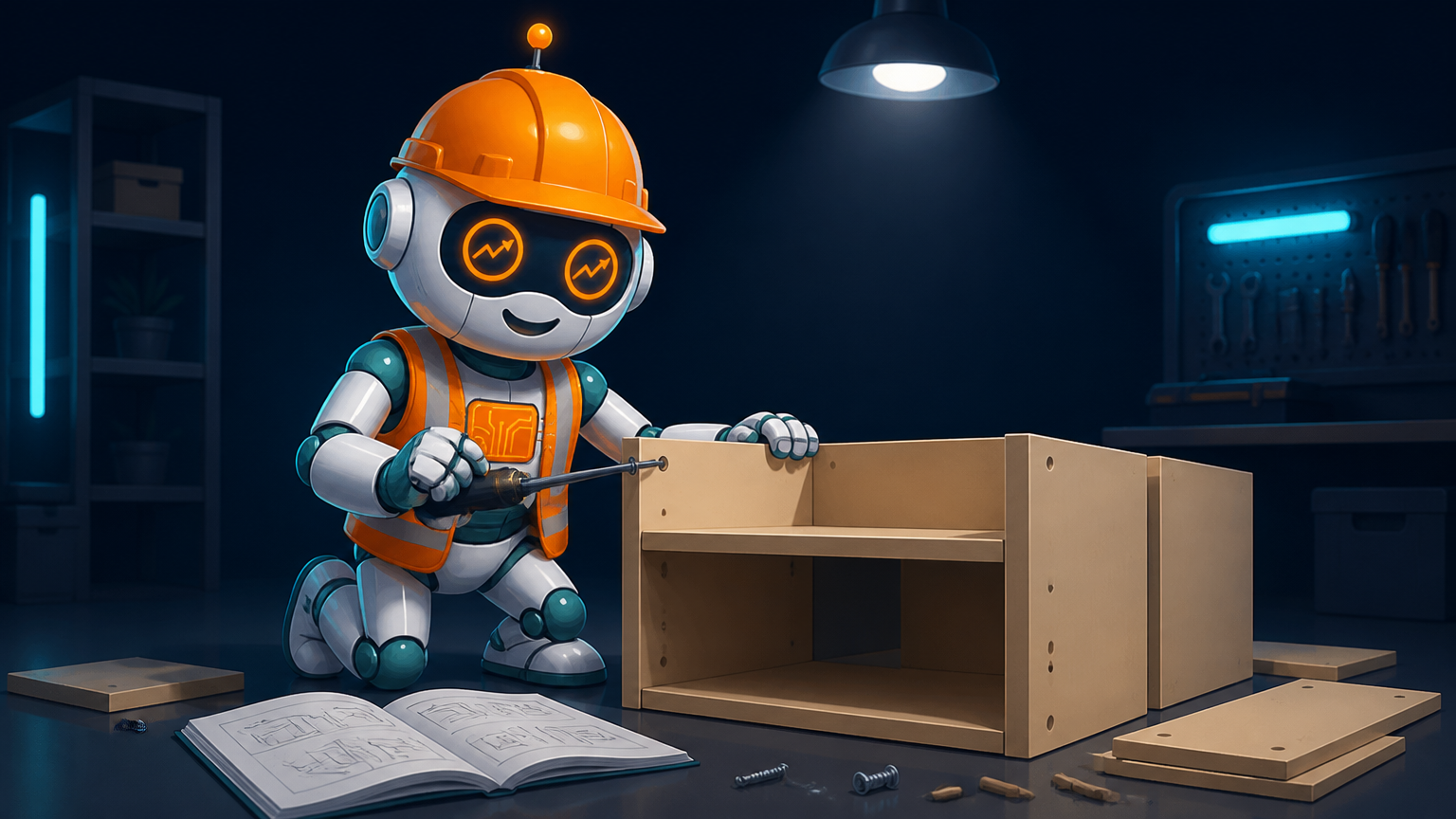 Spot in a hard hat assembling the covered call wheel strategy like IKEA furniture