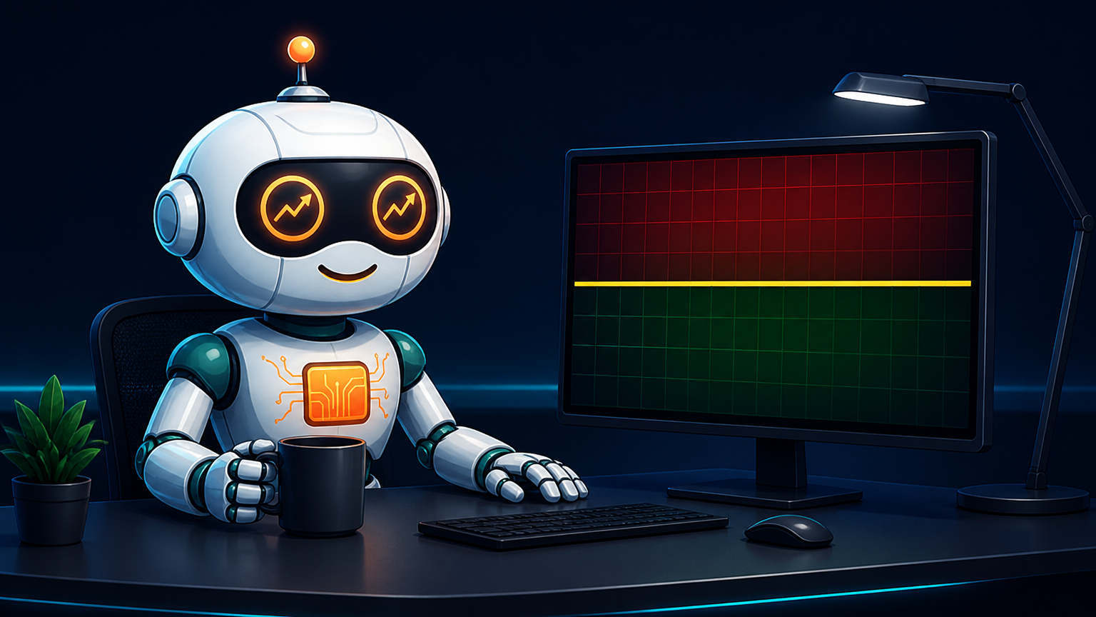 Spot at his desk in a neutral mood, watching a flat market indicator with one eye on his coffee
