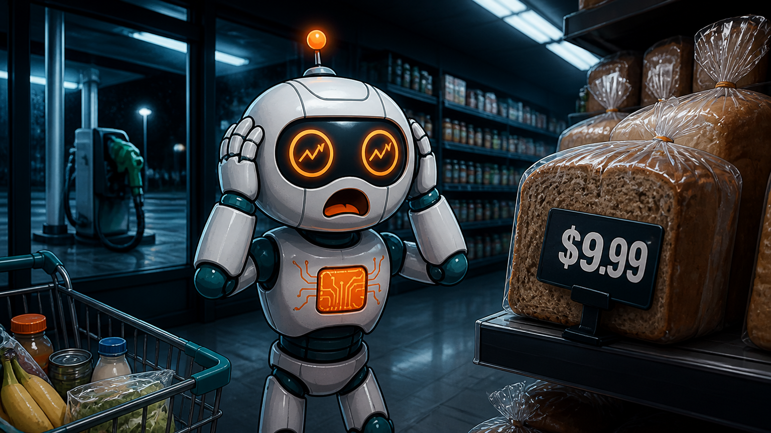 Spot staring in horror at grocery prices while diesel prices loom outside