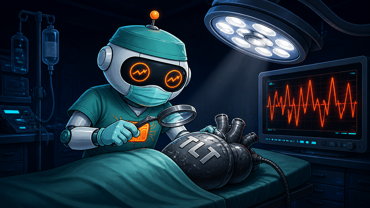 Spot the surgeon examining TLT on an operating table with a spiking heart monitor